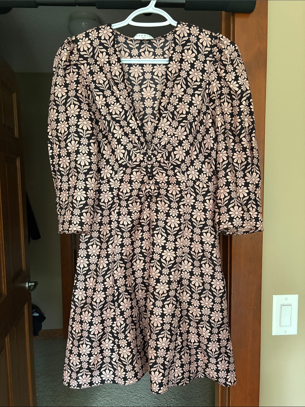 Sandro Black Midi Dress with Blush Pink Floral Print 100% silk